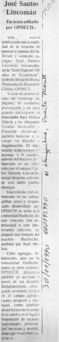 Vida y obra del cacique José Santos Lincomán  [artículo].