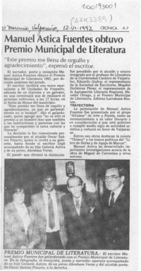 Manuel Astica Fuentes obtuvo Premio Municipal de Literatura  [artículo].