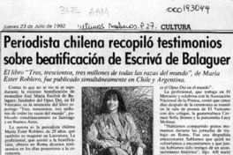 Periodista chilena recopiló testimonios sobre beatificación de Escrivá de Balaguer  [artículo].