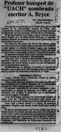 Profesor huésped de "UACH" nombrado escritor A. Bryce  [artículo] Abel Manríquez.