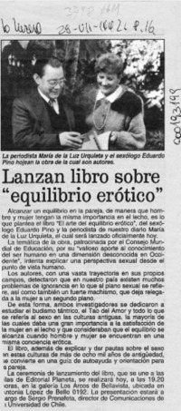 Lanzan libro sobre "equilibrio erótico"  [artículo].
