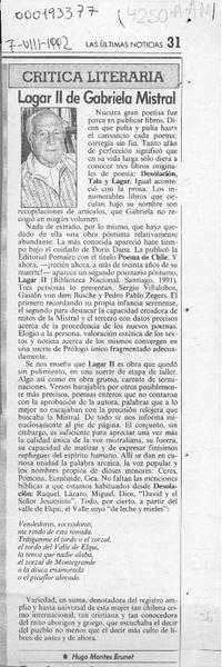 Lagar II de Gabriela Mistral  [artículo] Hugo Montes Brunet.