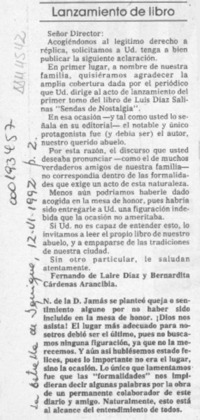 Lanzamiento de libro  [artículo] Bernardita Cárdenas Arancibia [y] Fernando de Laire.