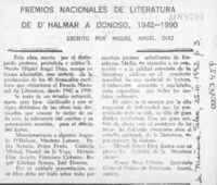 Premios Nacionales de Literatura de D'Halmar a Donoso, 1942-1990  [artículo] Laura Rosa Urbina.