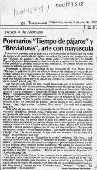 Poemarios "Tiempo de pájaros" y "Breviaturas", arte con mayúscula  [artículo] Pedro Mardones Barrientos.