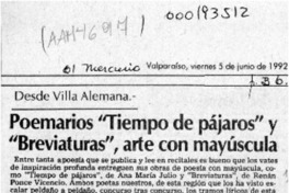 Poemarios "Tiempo de pájaros" y "Breviaturas", arte con mayúscula  [artículo] Pedro Mardones Barrientos.