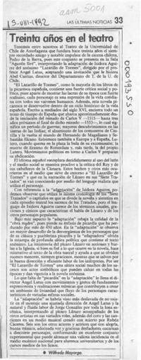 Treinta años en el teatro  [artículo] Wilfredo Mayorga.