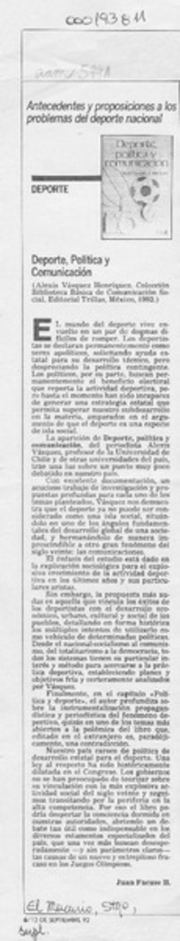 Deporte, política y comunicación  [artículo] Juan Facuse H.