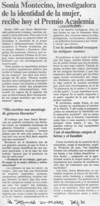 Sonia Montecino, investigadora de la identidad de la mujer, recibe hoy el Premio Academia  [artículo].