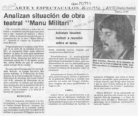 Analizan situación de obra teatral "Manu militari"  [artículo].