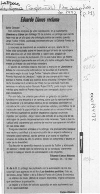 Eduardo Llanos reclama  [artículo] Eduardo Llanos Melussa.
