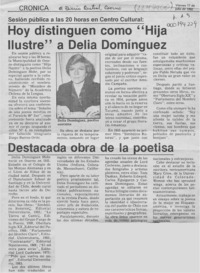 Hoy distinguen como "Hija Ilustre" a Delia Domínguez  [artículo].