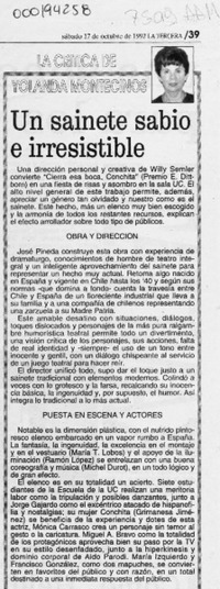 Un sainete sabio e irresistible  [artículo] Yolanda Montecinos.