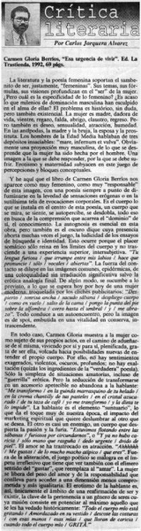 Carmen Gloria Berríos, "Esa urgencia de vivir"