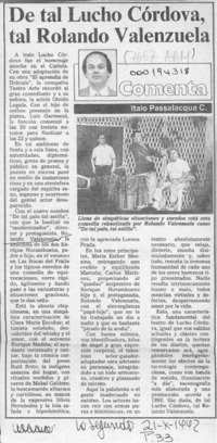 De tal Lucho Córdova, tal Rolando Valenzuela  [artículo] Italo Passalacqua C.