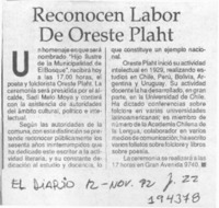 Reconocen labor de Oreste Plath  [artículo].
