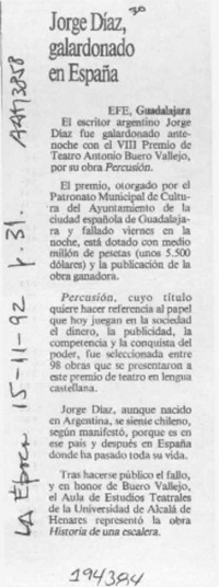 Jorge Díaz galardonado en España  [artículo].