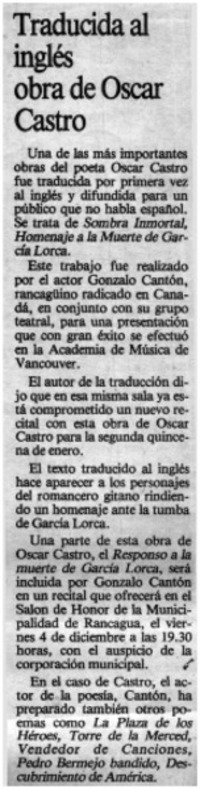 Traducida al inglés obra de Oscar Castro