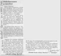 Felicitaciones a escritor  [artículo] Elizabeth Acuña Anfossi.