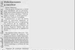 Felicitaciones a escritor  [artículo] Elizabeth Acuña Anfossi.