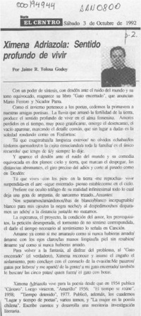 Ximena Adriazola, sentido profundo de vivir  [artículo] Jaime R. Tolosa Godoy.