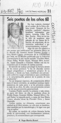Seis poetas de los anos sesenta  [artículo] Hugo Montes Brunet.
