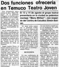 Dos funciones ofrecería en Temuco Teatro Joven