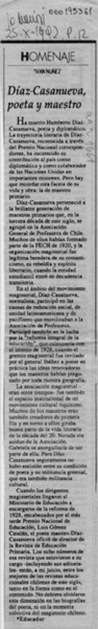 Díaz-Casanueva, poeta y maestro  [artículo] Iván Núñez.
