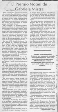 El Premio Nobel de Gabriela Mistral  [artículo] Hugo Rolando Cortés.