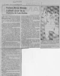 Falleció autor de la Historia de los Andes  [artículo].