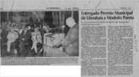 Entregado Premio Municipal de Literatura a Modesto Parera  [artículo].