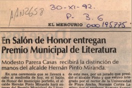 En Salón de Honor entregan Premio Municipal de Literatura  [artículo].