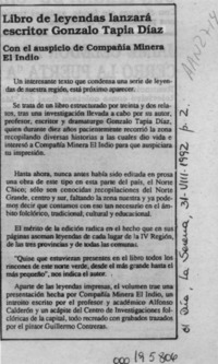 Libro de leyendas lanzará escritor Gonzalo Tapia Díaz  [artículo].