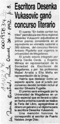 Escritora Desenka Vukasovic ganó concurso literario  [artículo].