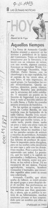Aquellos tiempos  [artículo] Daniel de la Vega.
