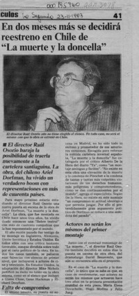 En dos meses más se decidirá reestreno en Chile de "La muerte y la doncella"  [artículo].