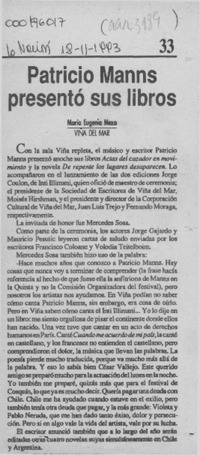 Patricio Manns presentó sus libros  [artículo] María Eugenia Meza.