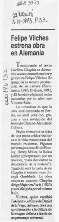Felipe Vilches estrena obra en Alemania  [artículo].