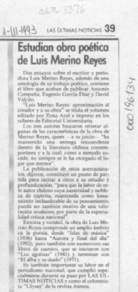 Estudian obra poética de Luis Merino Reyes  [artículo].