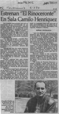 Estrenan "El rinoceronte" en sala Camilo Henríquez"  [artículo].