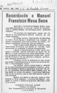 Recordando a Manuel Francisco Mesa Seco  [artículo] Domingo Roldán Jaque.