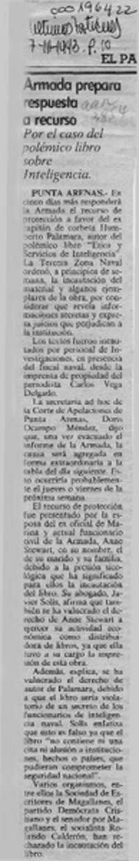 Armada prepara respuesta a recurso  [artículo].