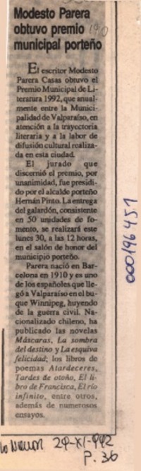 Modesto Parera obtuvo premio municipal porteño  [artículo].