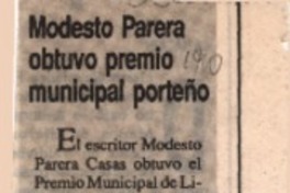 Modesto Parera obtuvo premio municipal porteño  [artículo].