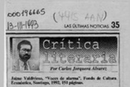 Jaime Valdivieso, "Voces de alarma"  [artículo] Carlos Jorquera Alvarez.