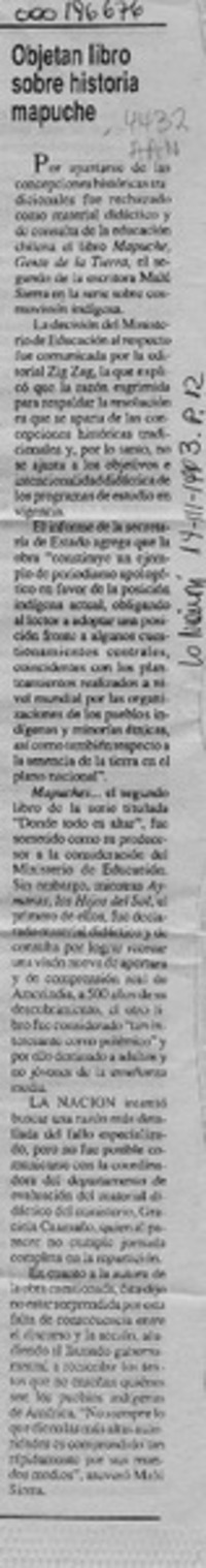 Objetan libro sobre historia mapuche  [artículo].