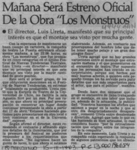 Mañana será estreno oficial de la obra "Los monstruos"  [artículo].