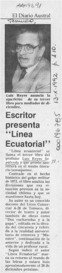 Escritor presenta "Línea ecuatorial"  [artículo].