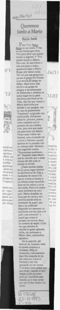 Queremos tanto a Mario  [artículo] Mauricio Redolés.