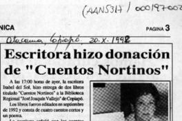 Escritora hizo donación de "Cuentos nortinos"  [artículo].